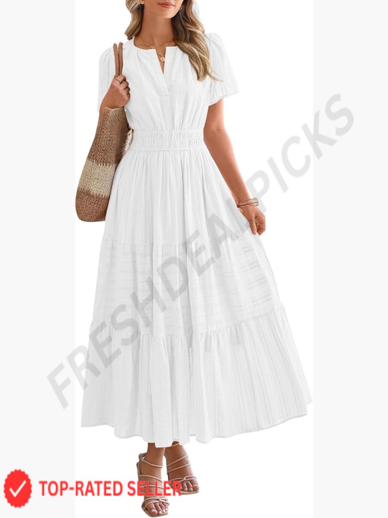 Maxi Dress Casual Short Sleeve V Neck Elastic Waist Boho Beach Tiered Ruffle